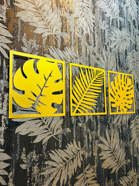 Tropical Bliss Acrylic Wall Art – Set of 3 (Golden Finish)
